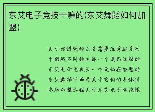 东艾电子竞技干嘛的(东艾舞蹈如何加盟)
